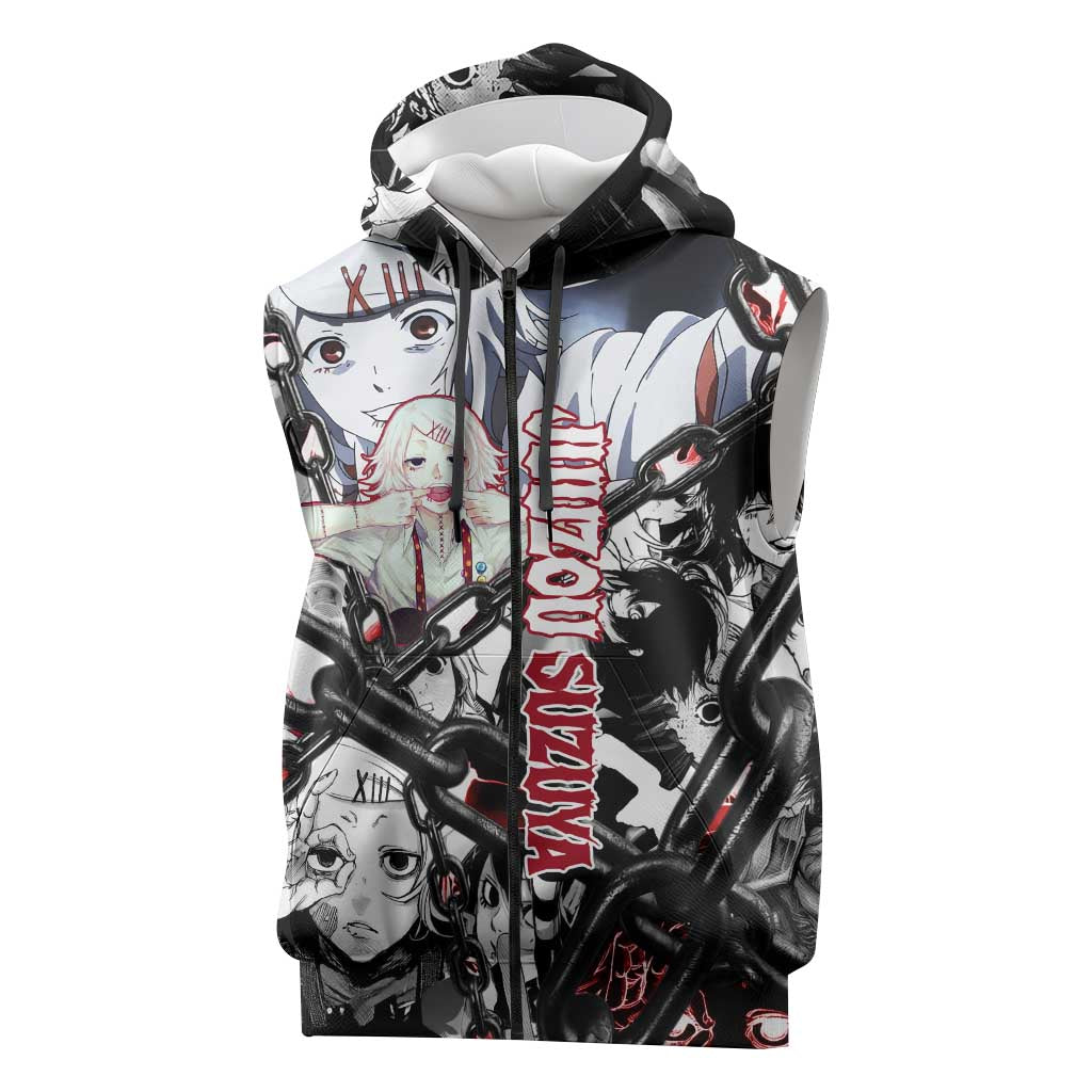 Juuzou Suzuya Tokyo Ghoul Black and White Manga Style Design Sleeveless Zip Hoodie with Red Accents and Chain Weapon Motif - The Mazicc