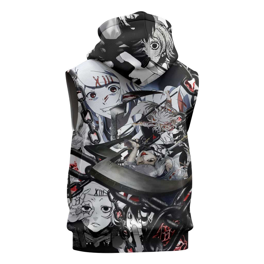 Juuzou Suzuya Tokyo Ghoul Black and White Manga Style Design Sleeveless Zip Hoodie with Red Accents and Chain Weapon Motif - The Mazicc