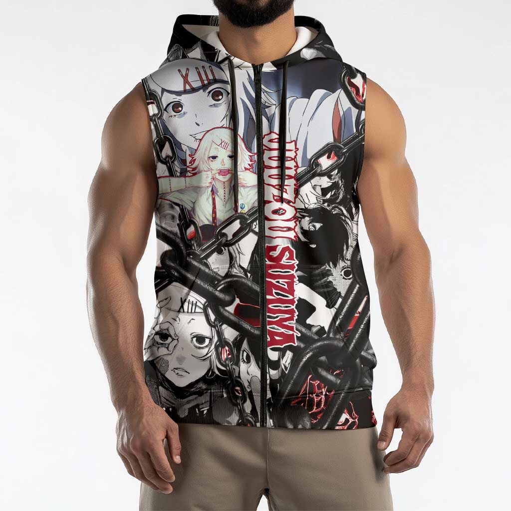 Juuzou Suzuya Tokyo Ghoul Black and White Manga Style Design Sleeveless Zip Hoodie with Red Accents and Chain Weapon Motif - The Mazicc