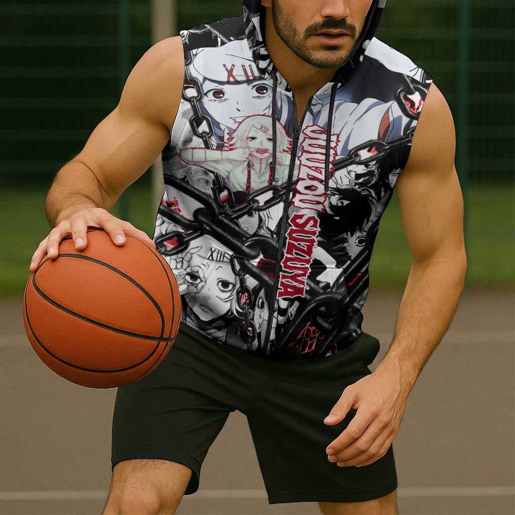 Juuzou Suzuya Tokyo Ghoul Black and White Manga Style Design Sleeveless Zip Hoodie with Red Accents and Chain Weapon Motif - The Mazicc