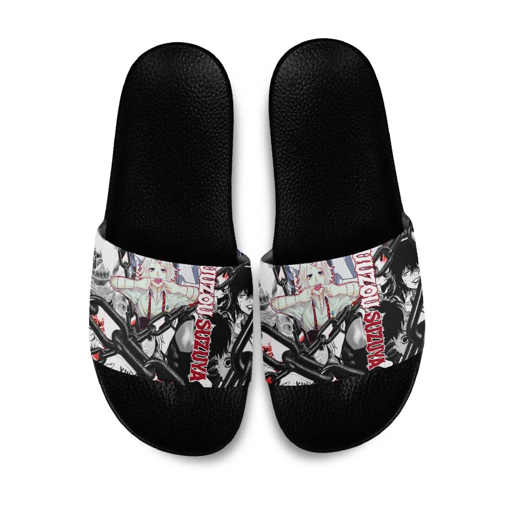 Juuzou Suzuya Tokyo Ghoul Black and White Manga Style Design Slide Sandals with Red Accents and Chain Weapon Motif - The Mazicc