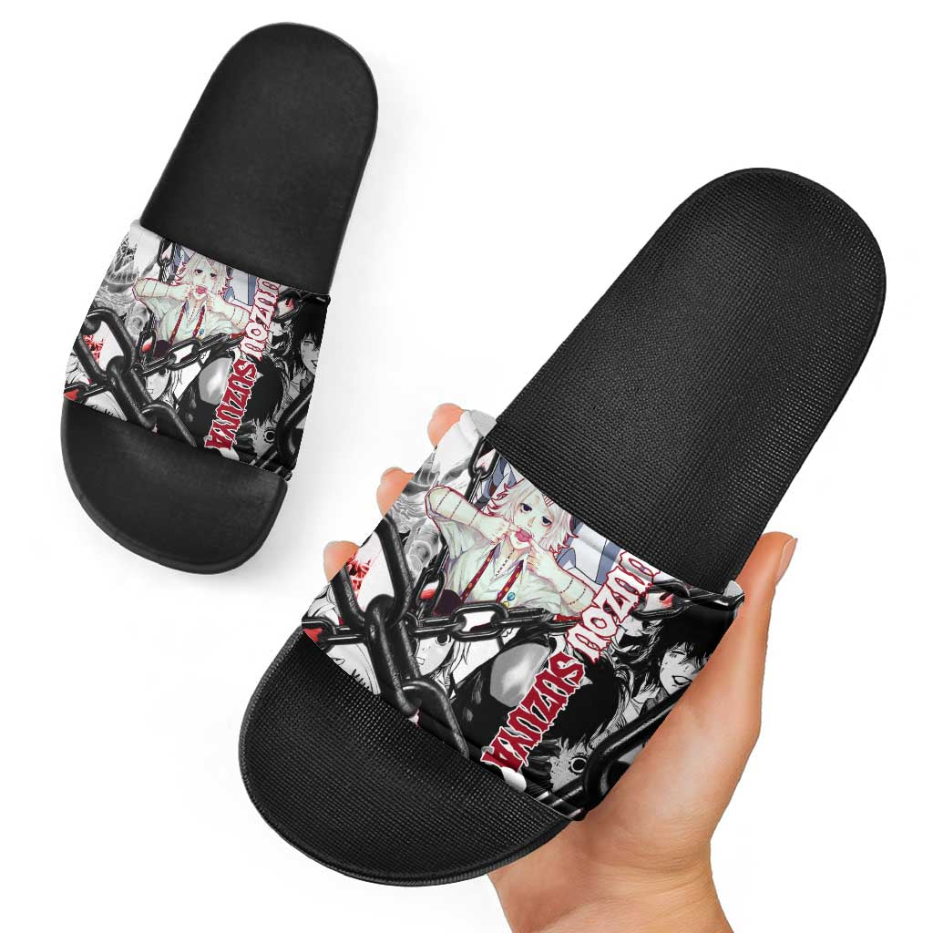 Juuzou Suzuya Tokyo Ghoul Black and White Manga Style Design Slide Sandals with Red Accents and Chain Weapon Motif - The Mazicc