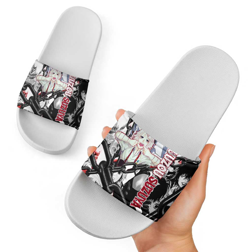 Juuzou Suzuya Tokyo Ghoul Black and White Manga Style Design Slide Sandals with Red Accents and Chain Weapon Motif - The Mazicc