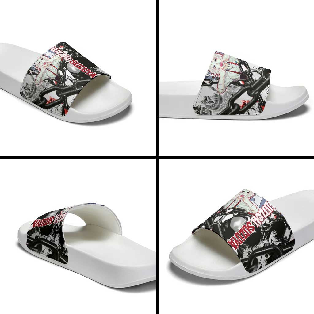 Juuzou Suzuya Tokyo Ghoul Black and White Manga Style Design Slide Sandals with Red Accents and Chain Weapon Motif - The Mazicc