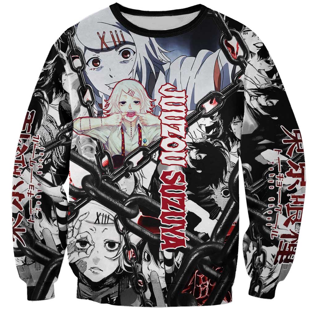 Juuzou Suzuya Tokyo Ghoul Black and White Manga Style Design Sweatshirt with Red Accents and Chain Weapon Motif - The Mazicc