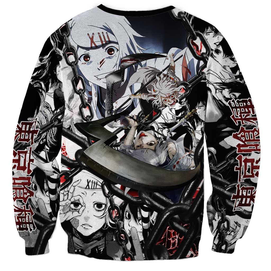 Juuzou Suzuya Tokyo Ghoul Black and White Manga Style Design Sweatshirt with Red Accents and Chain Weapon Motif - The Mazicc