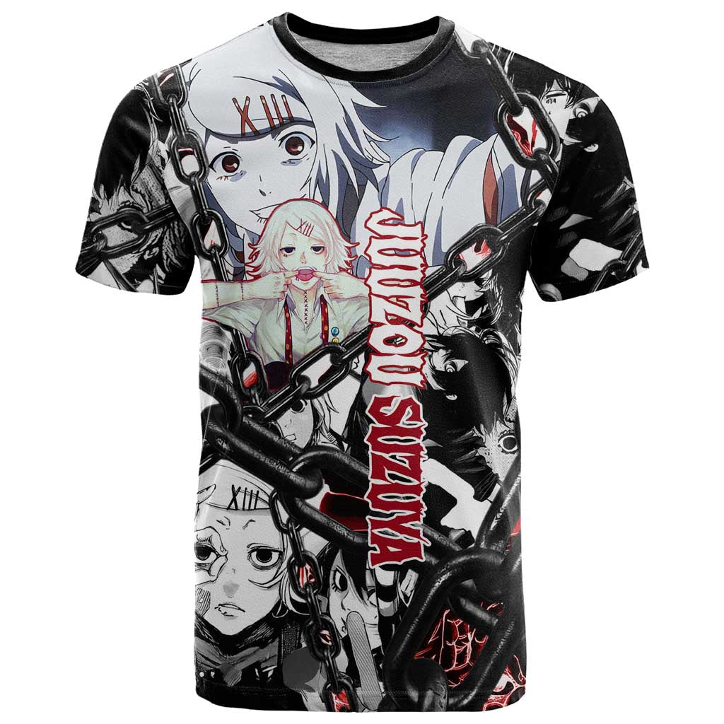 Juuzou Suzuya Tokyo Ghoul Black and White Manga Style Design T Shirt with Red Accents and Chain Weapon Motif - The Mazicc