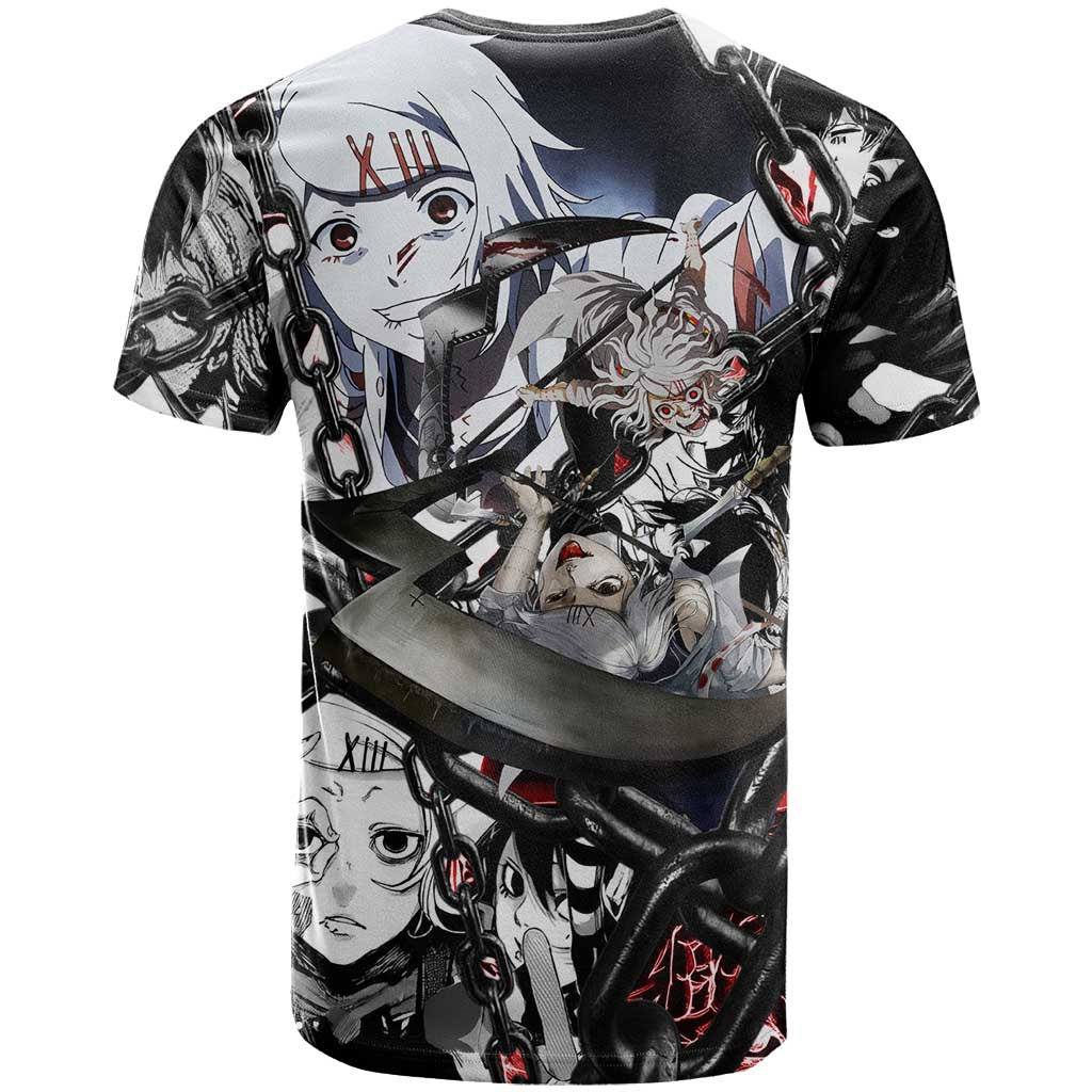 Juuzou Suzuya Tokyo Ghoul Black and White Manga Style Design T Shirt with Red Accents and Chain Weapon Motif - The Mazicc