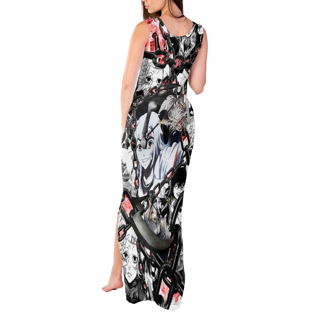 Juuzou Suzuya Tokyo Ghoul Black and White Manga Style Design Tank Maxi Dress with Red Accents and Chain Weapon Motif - The Mazicc