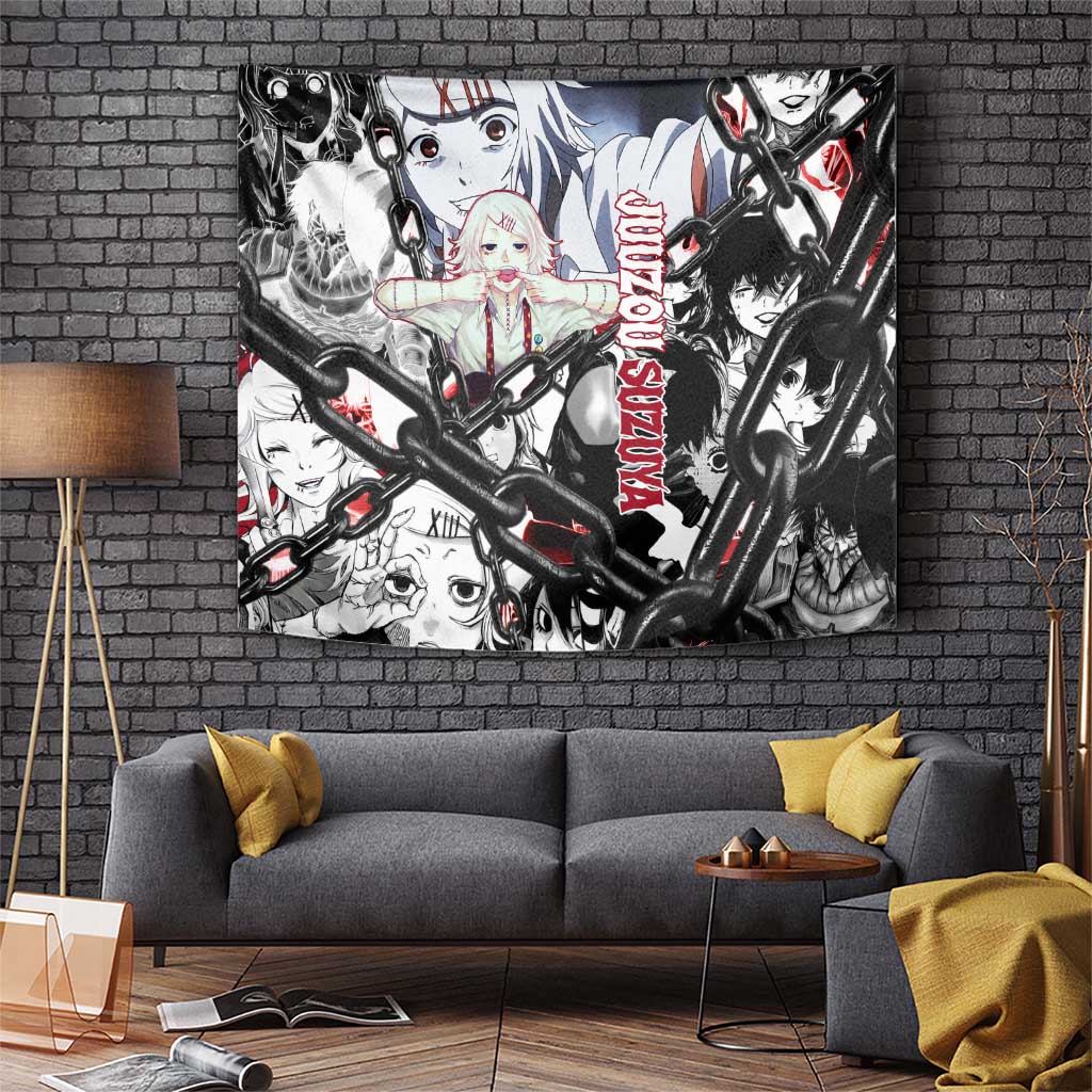 Juuzou Suzuya Tokyo Ghoul Black and White Manga Style Design Tapestry with Red Accents and Chain Weapon Motif - The Mazicc