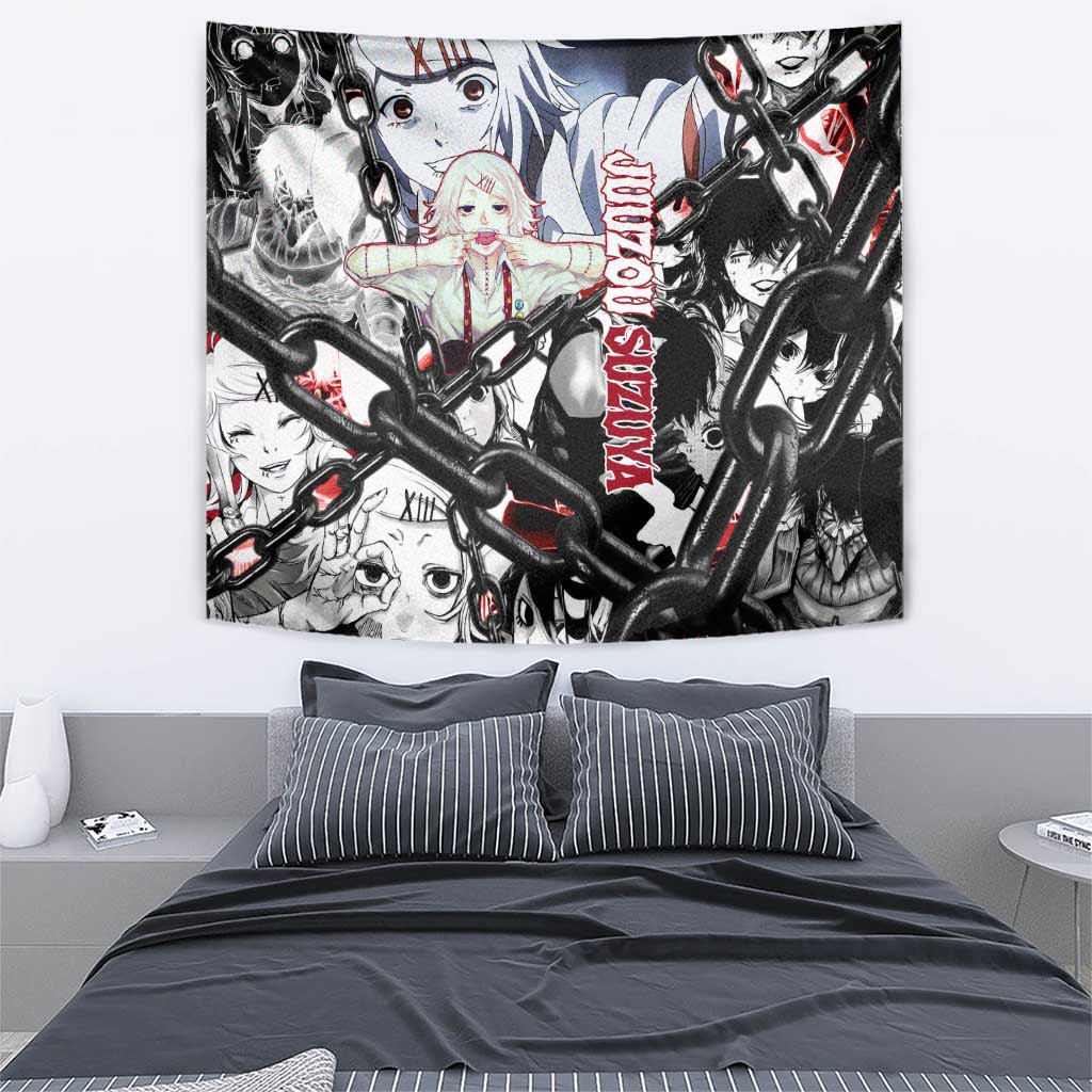 Juuzou Suzuya Tokyo Ghoul Black and White Manga Style Design Tapestry with Red Accents and Chain Weapon Motif - The Mazicc