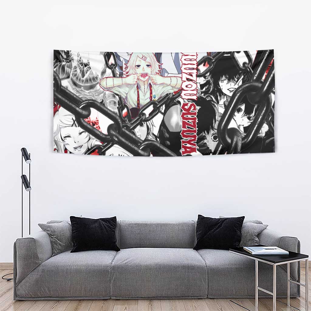 Juuzou Suzuya Tokyo Ghoul Black and White Manga Style Design Tapestry with Red Accents and Chain Weapon Motif - The Mazicc