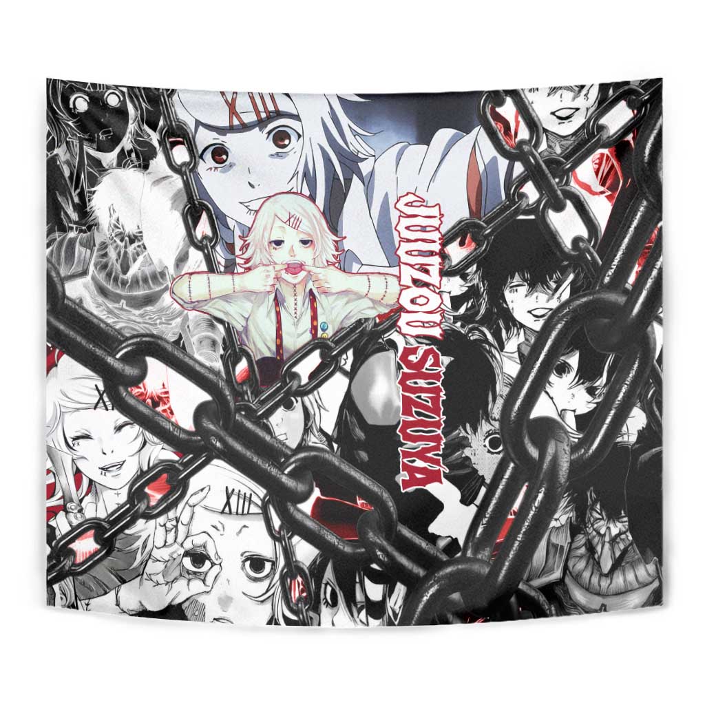 Juuzou Suzuya Tokyo Ghoul Black and White Manga Style Design Tapestry with Red Accents and Chain Weapon Motif - The Mazicc