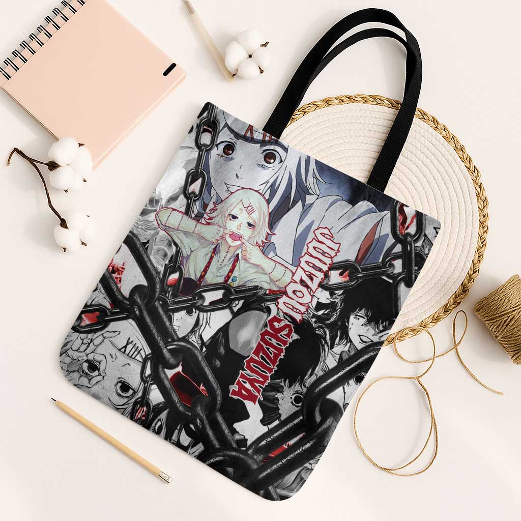 Juuzou Suzuya Tokyo Ghoul Black and White Manga Style Design Tote Bag with Red Accents and Chain Weapon Motif - The Mazicc