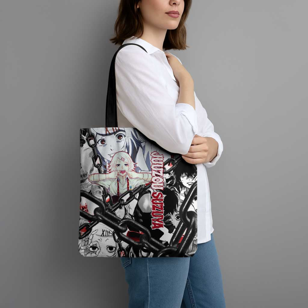Juuzou Suzuya Tokyo Ghoul Black and White Manga Style Design Tote Bag with Red Accents and Chain Weapon Motif - The Mazicc