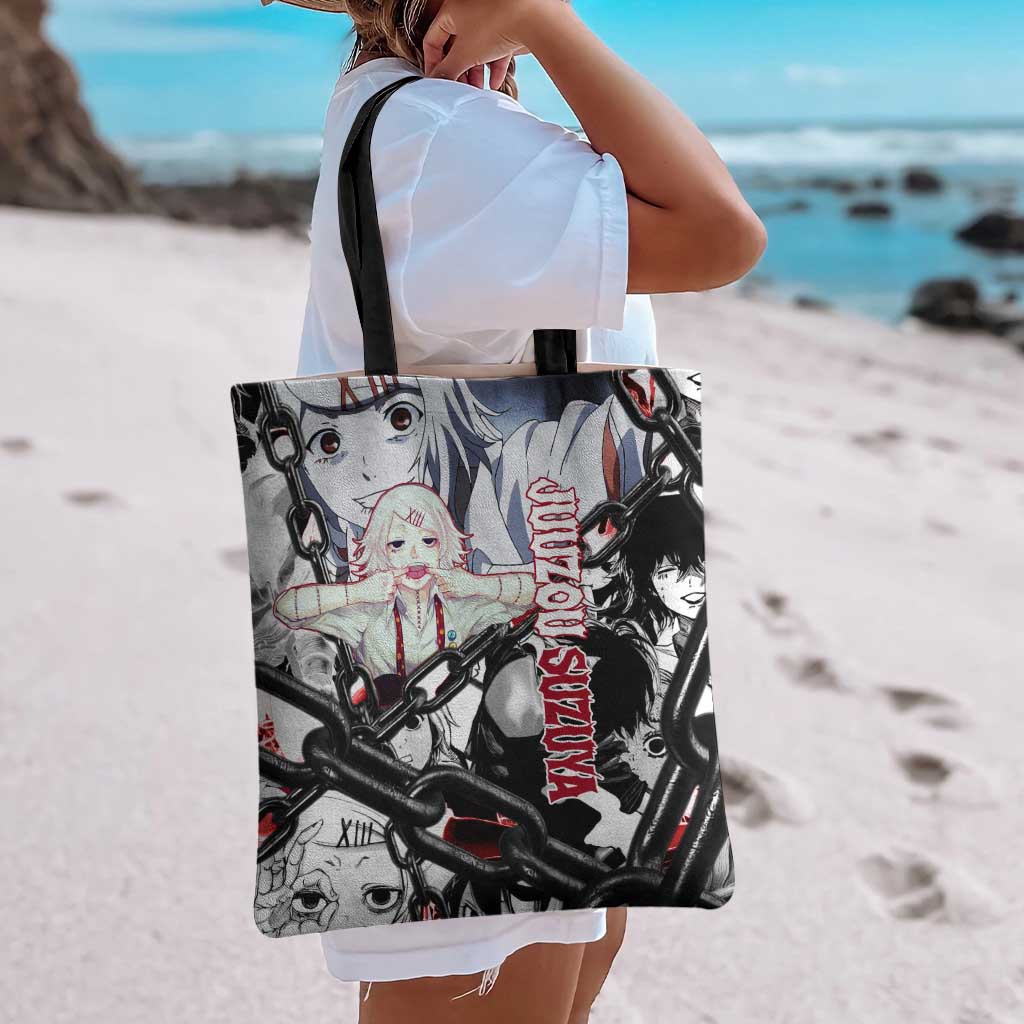 Juuzou Suzuya Tokyo Ghoul Black and White Manga Style Design Tote Bag with Red Accents and Chain Weapon Motif - The Mazicc