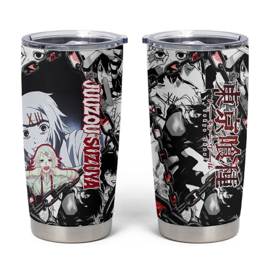 Juuzou Suzuya Tokyo Ghoul Black and White Manga Style Design Tumbler Cup with Red Accents and Chain Weapon Motif - The Mazicc