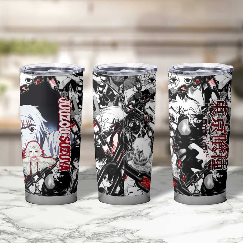 Juuzou Suzuya Tokyo Ghoul Black and White Manga Style Design Tumbler Cup with Red Accents and Chain Weapon Motif - The Mazicc