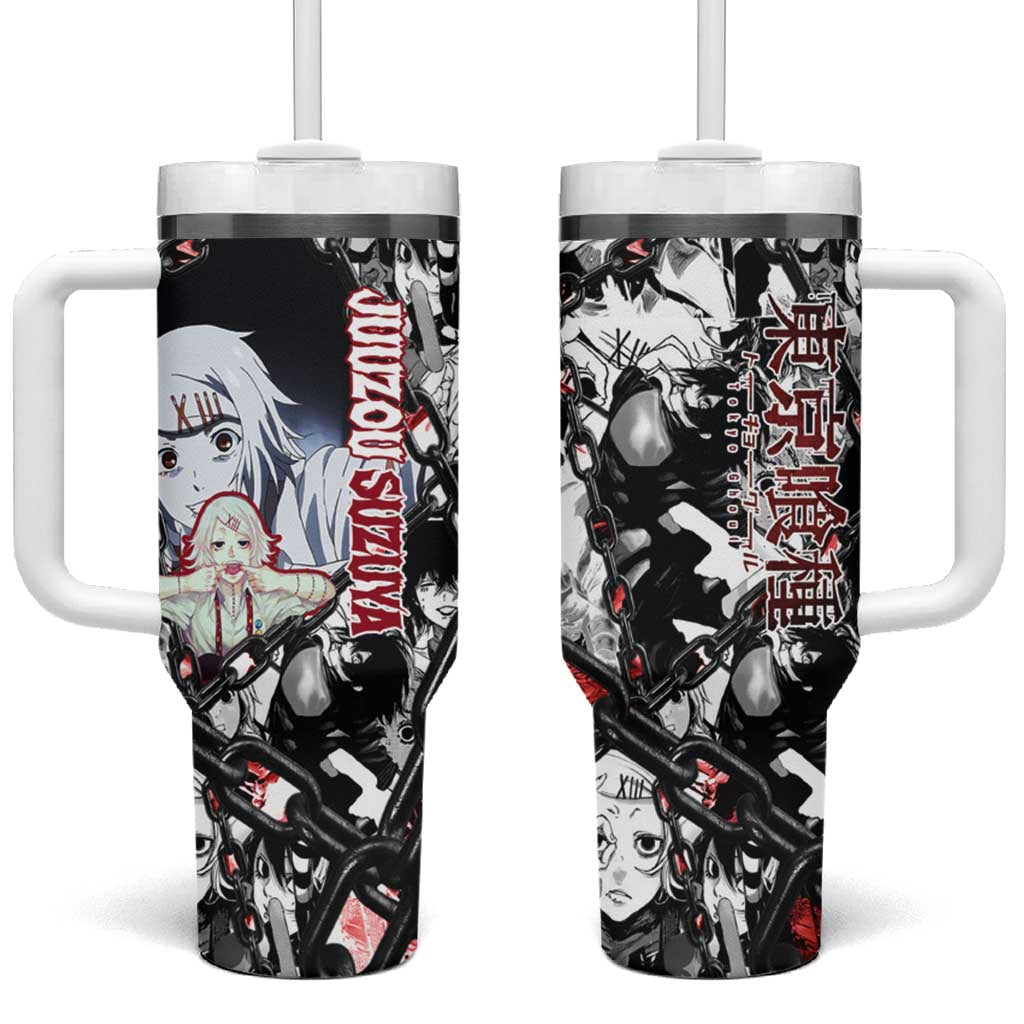 Juuzou Suzuya Tokyo Ghoul Black and White Manga Style Design Tumbler With Handle with Red Accents and Chain Weapon Motif - The Mazicc