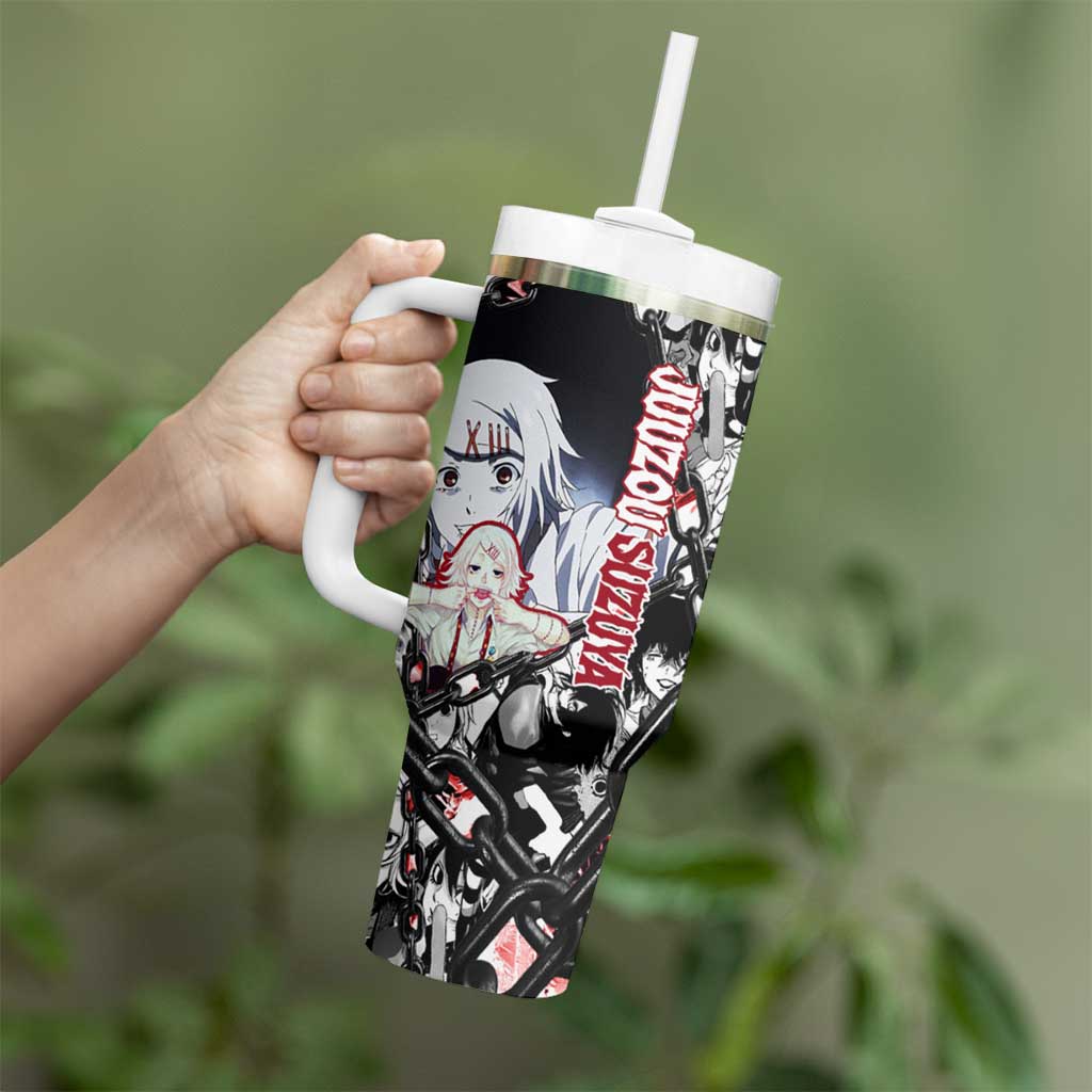 Juuzou Suzuya Tokyo Ghoul Black and White Manga Style Design Tumbler With Handle with Red Accents and Chain Weapon Motif - The Mazicc