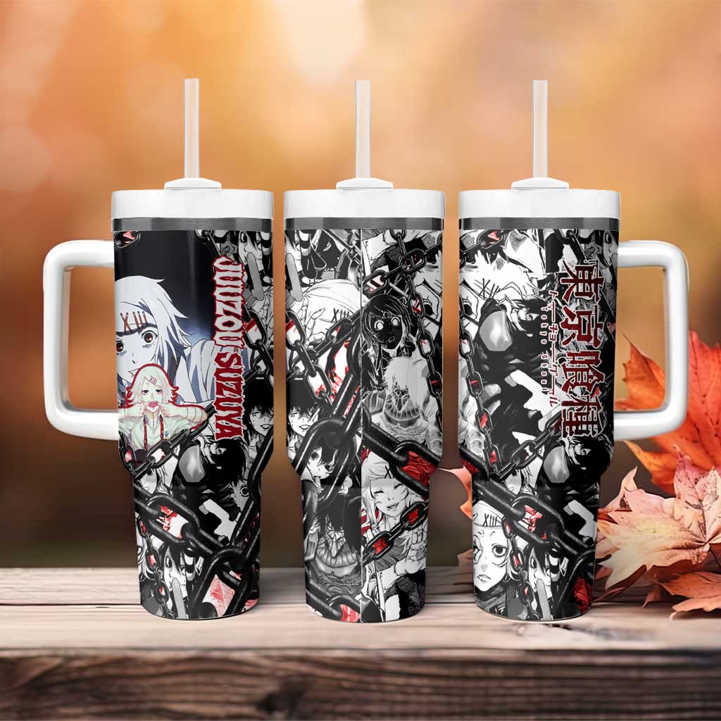 Juuzou Suzuya Tokyo Ghoul Black and White Manga Style Design Tumbler With Handle with Red Accents and Chain Weapon Motif - The Mazicc