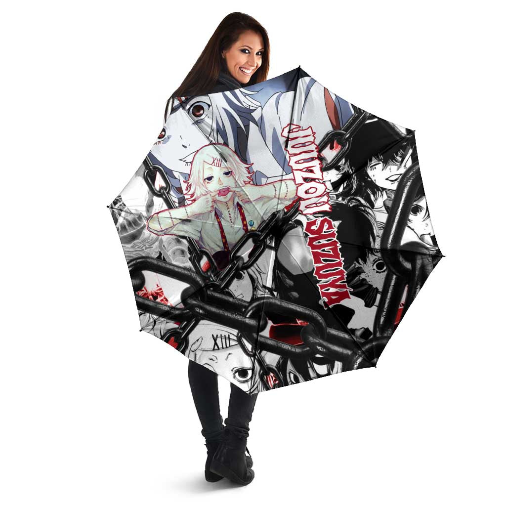 Juuzou Suzuya Tokyo Ghoul Black and White Manga Style Design Umbrella with Red Accents and Chain Weapon Motif - The Mazicc