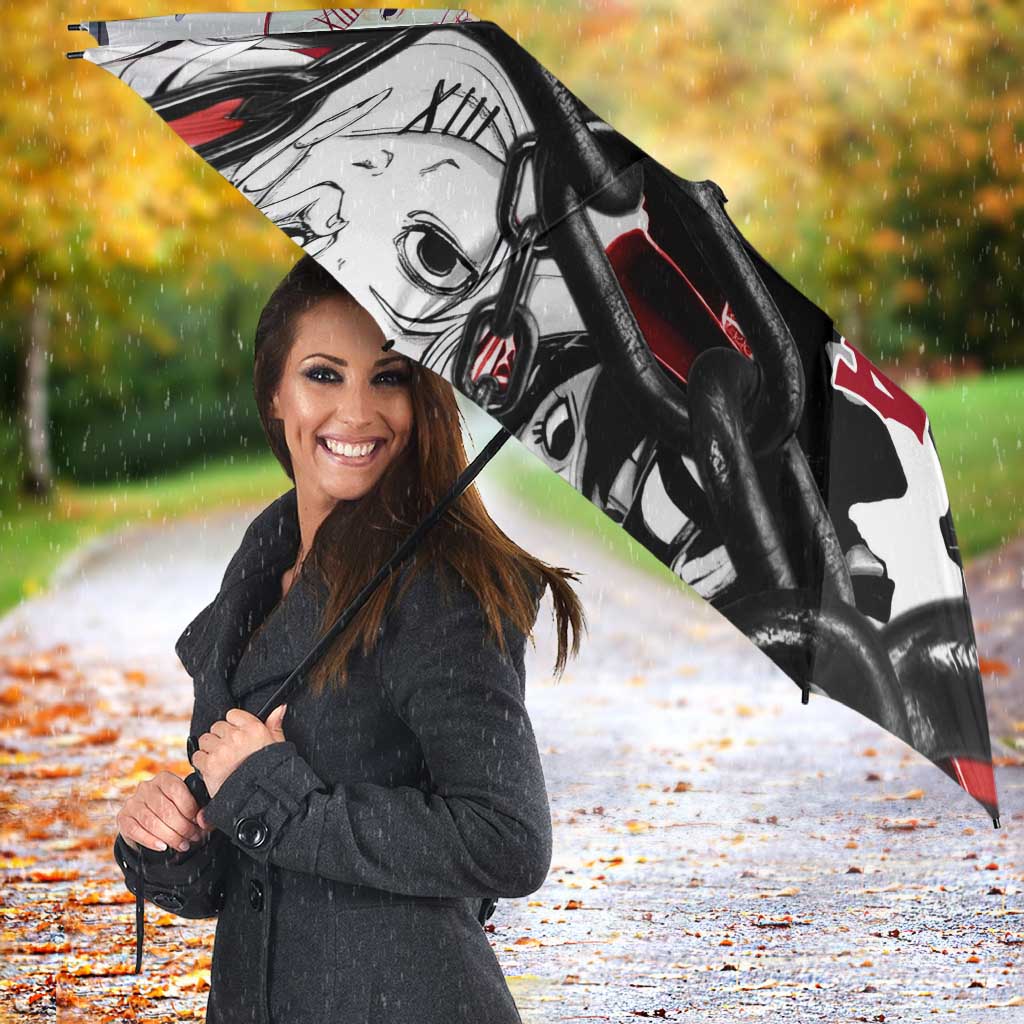Juuzou Suzuya Tokyo Ghoul Black and White Manga Style Design Umbrella with Red Accents and Chain Weapon Motif - The Mazicc