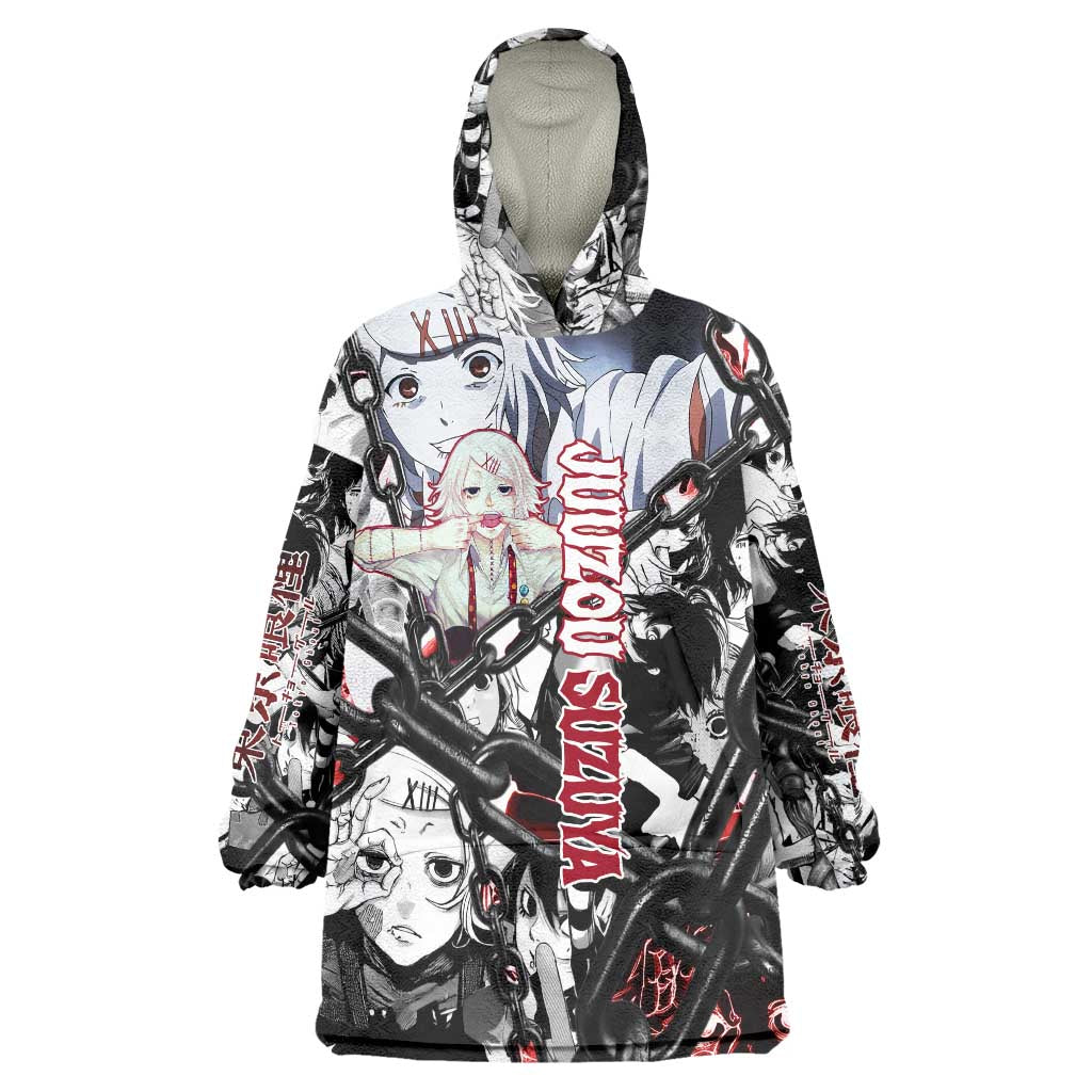 Juuzou Suzuya Tokyo Ghoul Black and White Manga Style Design Wearable Blanket Hoodie with Red Accents and Chain Weapon Motif - The Mazicc