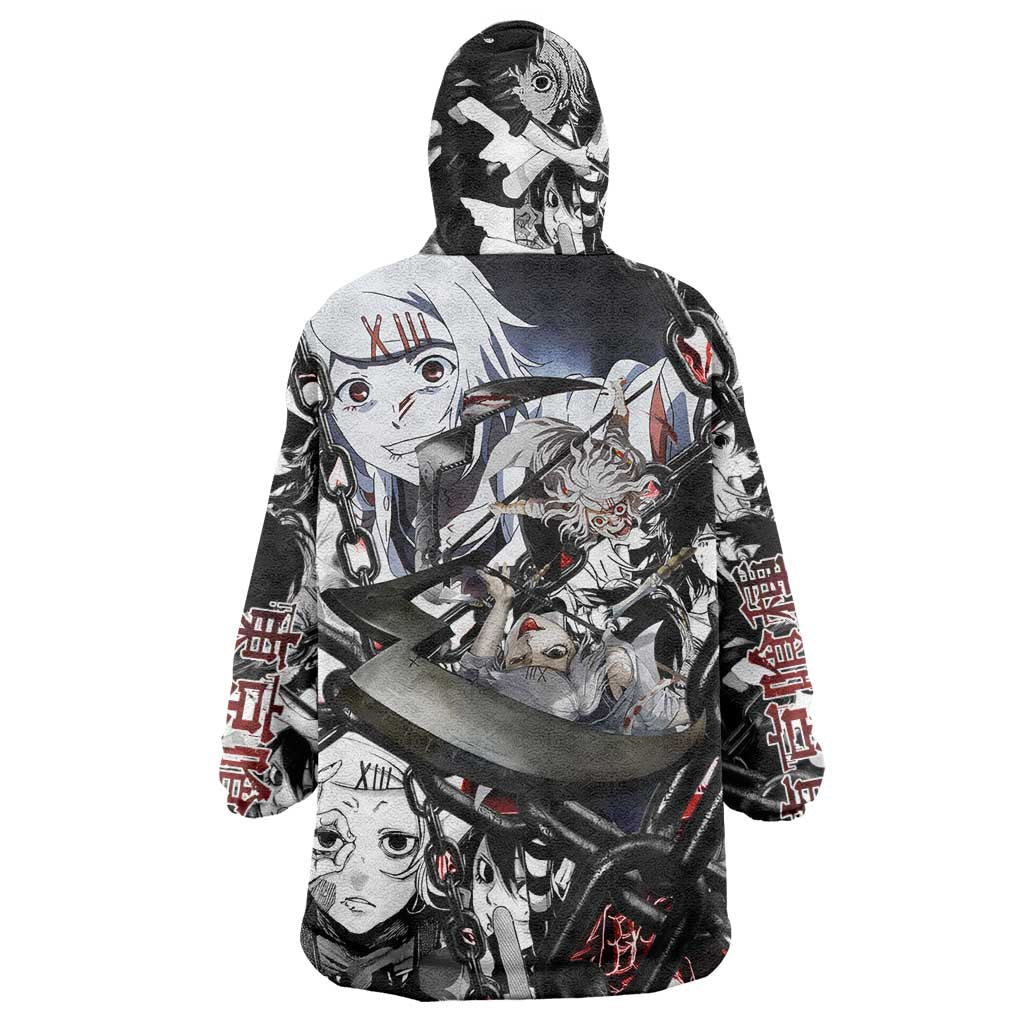 Juuzou Suzuya Tokyo Ghoul Black and White Manga Style Design Wearable Blanket Hoodie with Red Accents and Chain Weapon Motif - The Mazicc