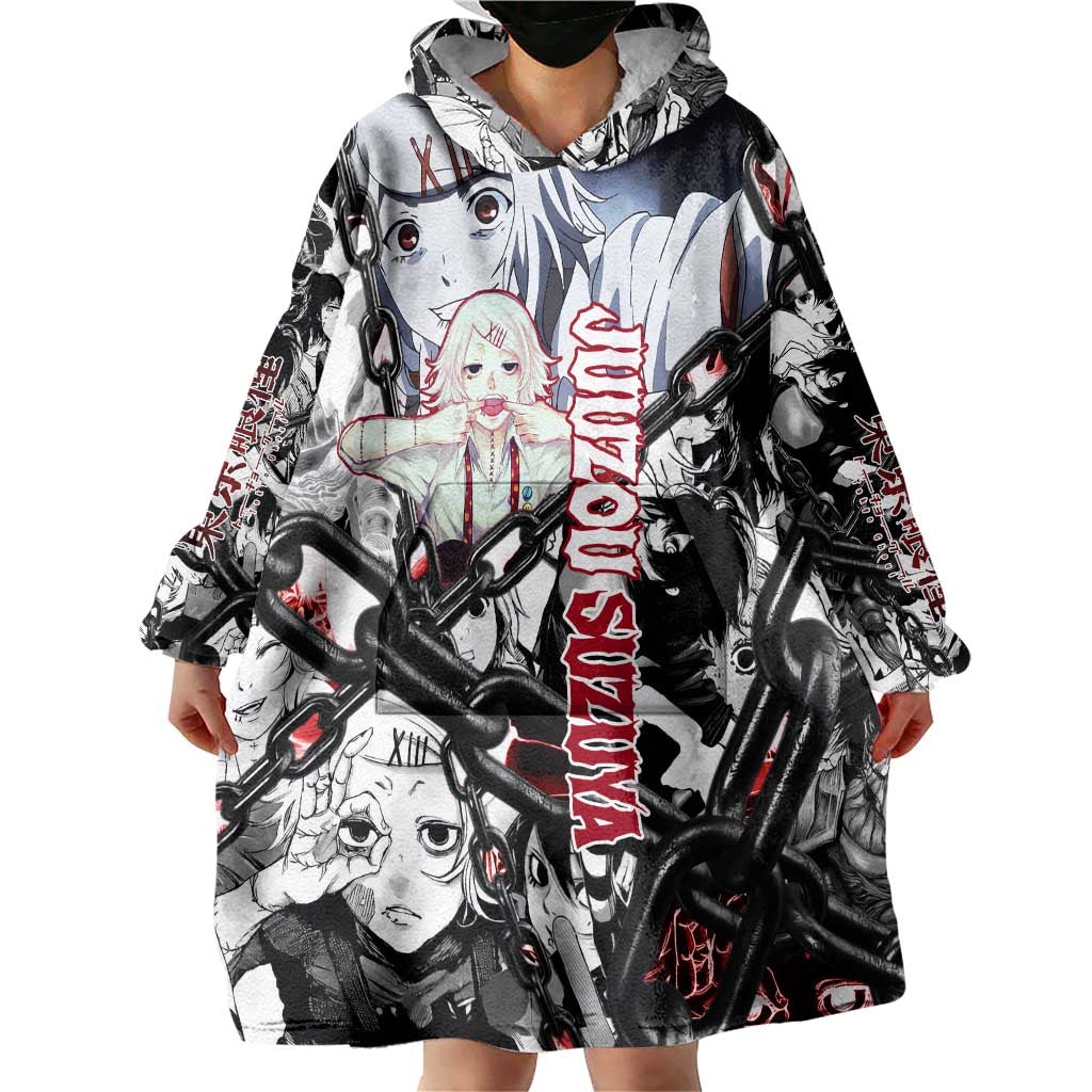 Juuzou Suzuya Tokyo Ghoul Black and White Manga Style Design Wearable Blanket Hoodie with Red Accents and Chain Weapon Motif - The Mazicc