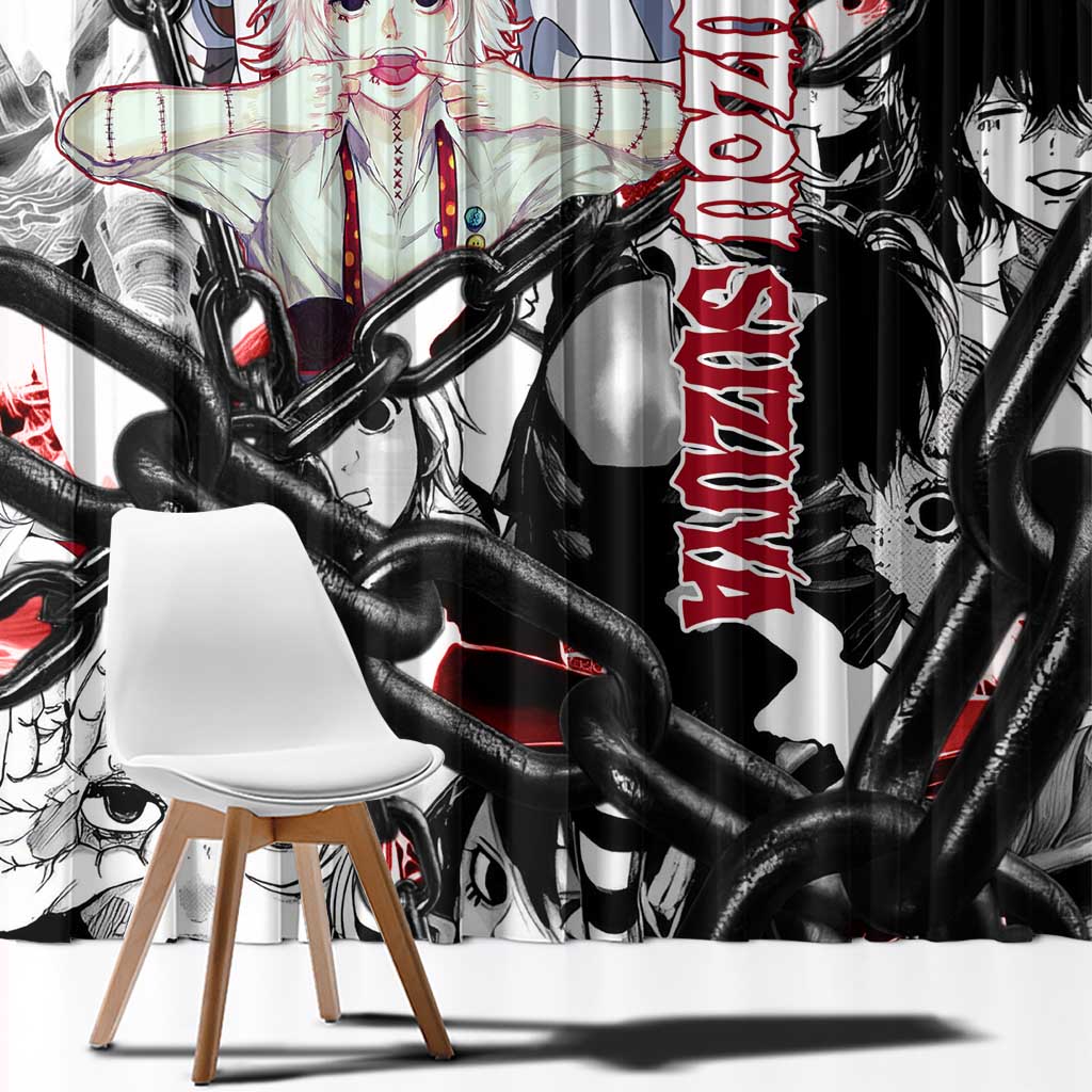 Juuzou Suzuya Tokyo Ghoul Black and White Manga Style Design Window Curtain with Red Accents and Chain Weapon Motif - The Mazicc