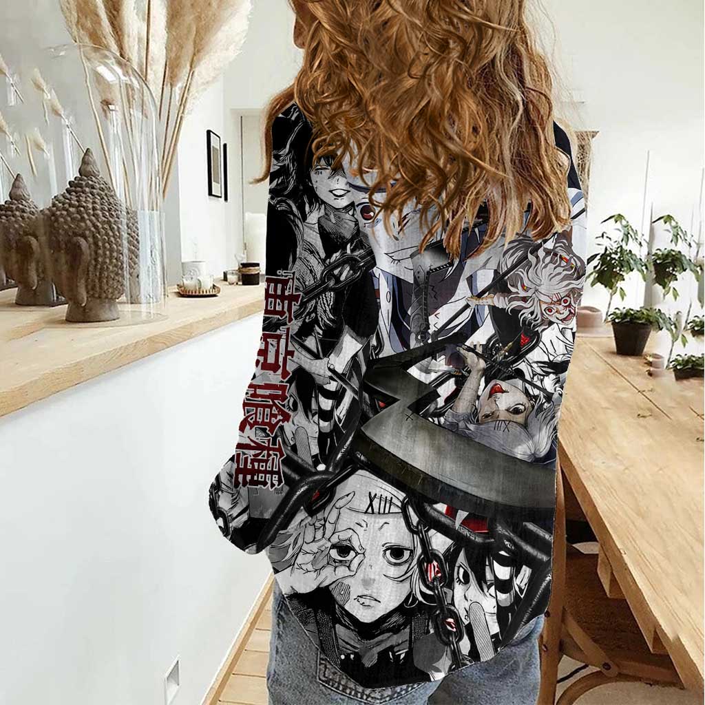 Juuzou Suzuya Tokyo Ghoul Black and White Manga Style Design Women Casual Shirt with Red Accents and Chain Weapon Motif - The Mazicc