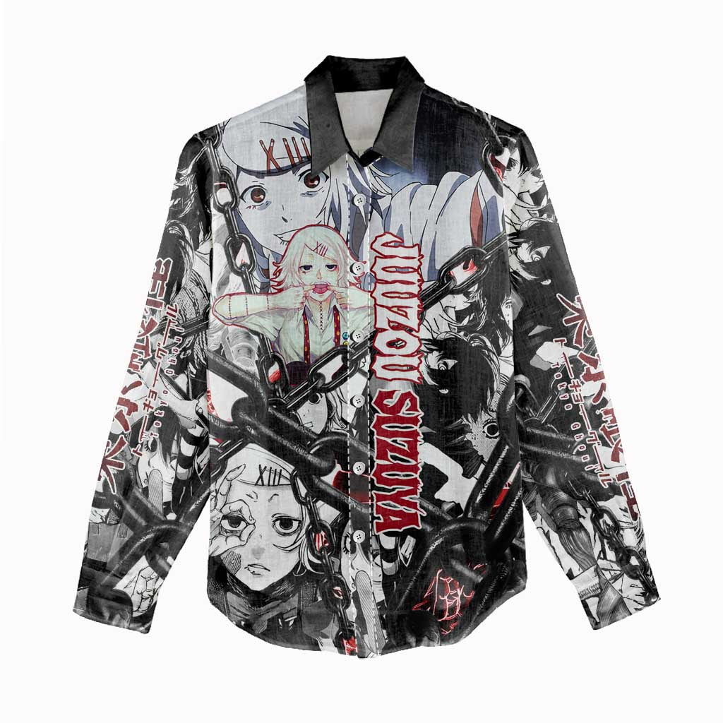Juuzou Suzuya Tokyo Ghoul Black and White Manga Style Design Women Casual Shirt with Red Accents and Chain Weapon Motif - The Mazicc