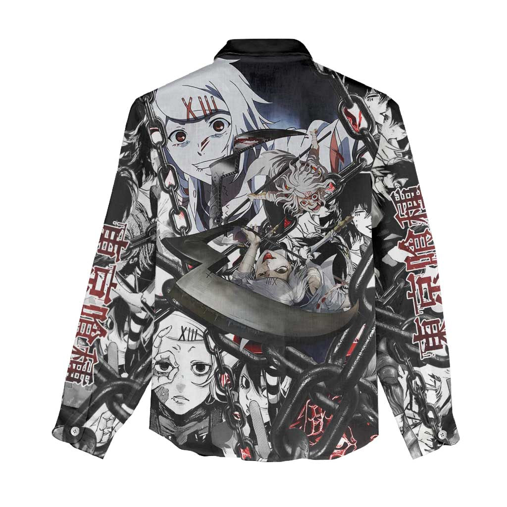 Juuzou Suzuya Tokyo Ghoul Black and White Manga Style Design Women Casual Shirt with Red Accents and Chain Weapon Motif - The Mazicc