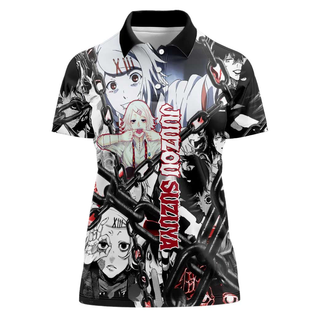 Juuzou Suzuya Tokyo Ghoul Black and White Manga Style Design Women Polo Shirt with Red Accents and Chain Weapon Motif - The Mazicc