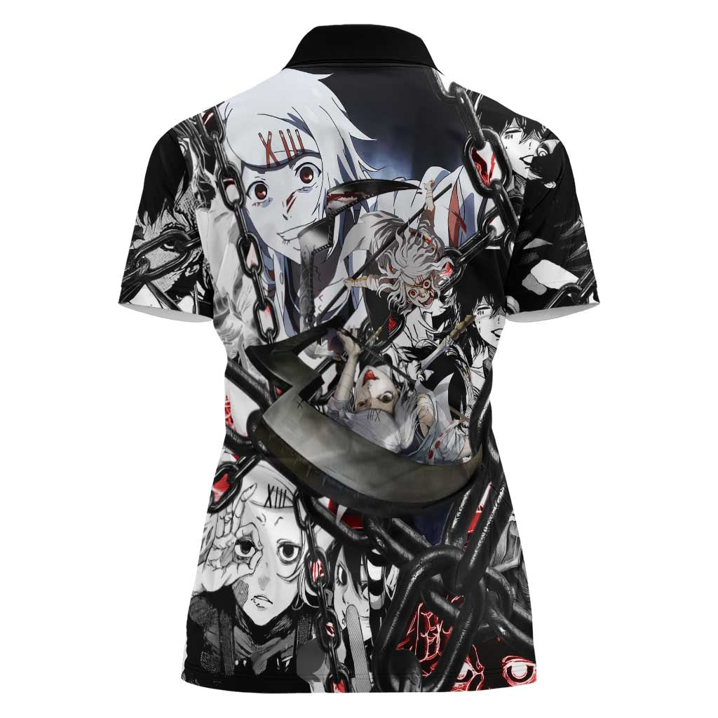 Juuzou Suzuya Tokyo Ghoul Black and White Manga Style Design Women Polo Shirt with Red Accents and Chain Weapon Motif - The Mazicc