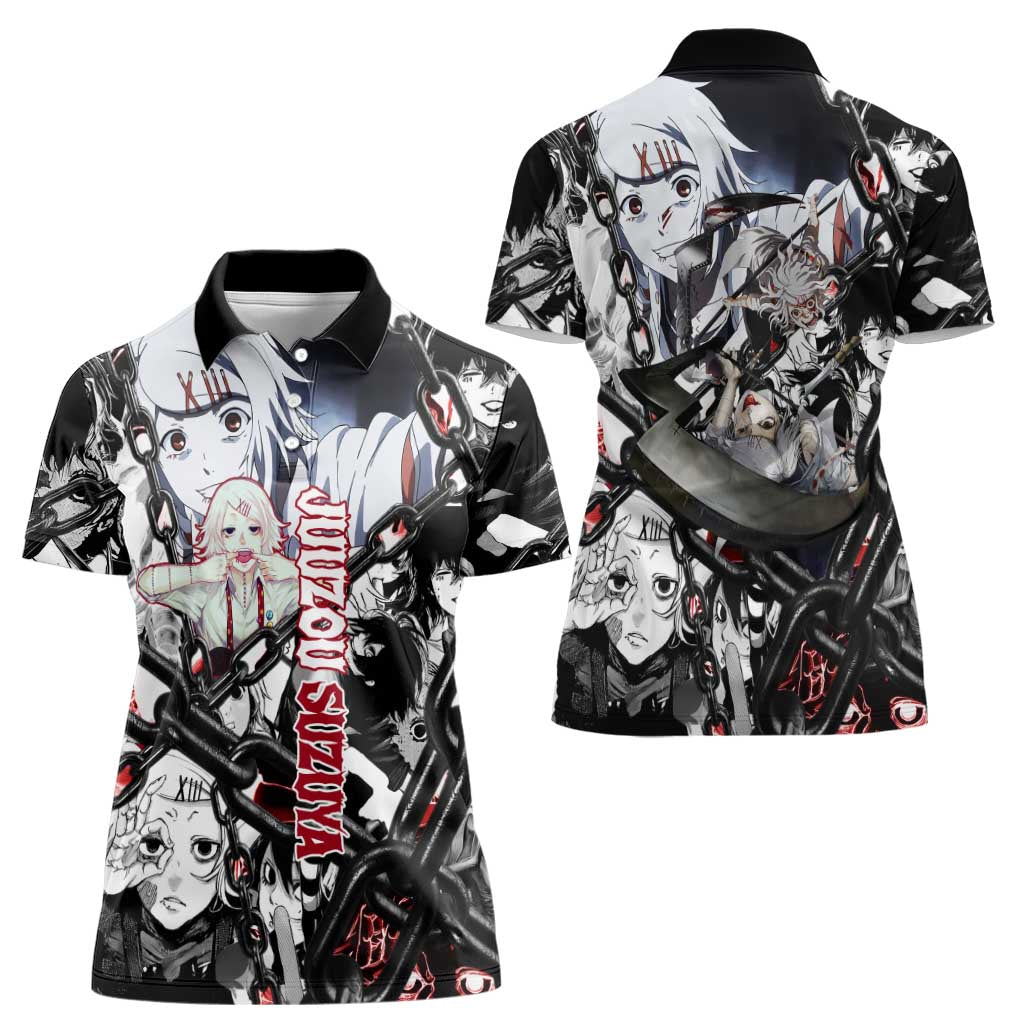Juuzou Suzuya Tokyo Ghoul Black and White Manga Style Design Women Polo Shirt with Red Accents and Chain Weapon Motif - The Mazicc