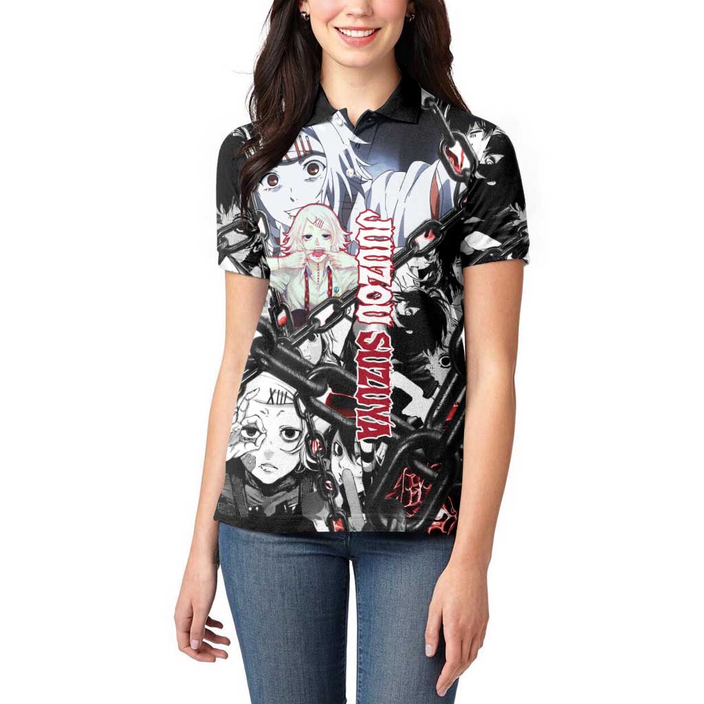 Juuzou Suzuya Tokyo Ghoul Black and White Manga Style Design Women Polo Shirt with Red Accents and Chain Weapon Motif - The Mazicc