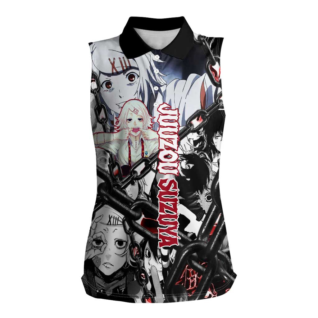 Juuzou Suzuya Tokyo Ghoul Black and White Manga Style Design Women Sleeveless Polo Shirt with Red Accents and Chain Weapon Motif - The Mazicc