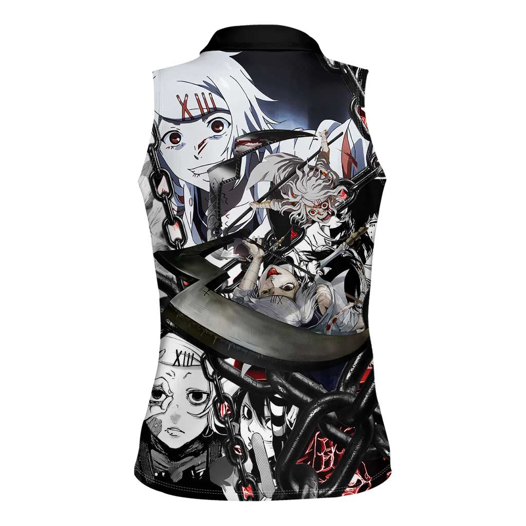 Juuzou Suzuya Tokyo Ghoul Black and White Manga Style Design Women Sleeveless Polo Shirt with Red Accents and Chain Weapon Motif - The Mazicc