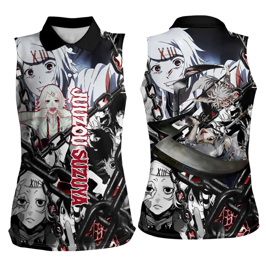 Juuzou Suzuya Tokyo Ghoul Black and White Manga Style Design Women Sleeveless Polo Shirt with Red Accents and Chain Weapon Motif - The Mazicc