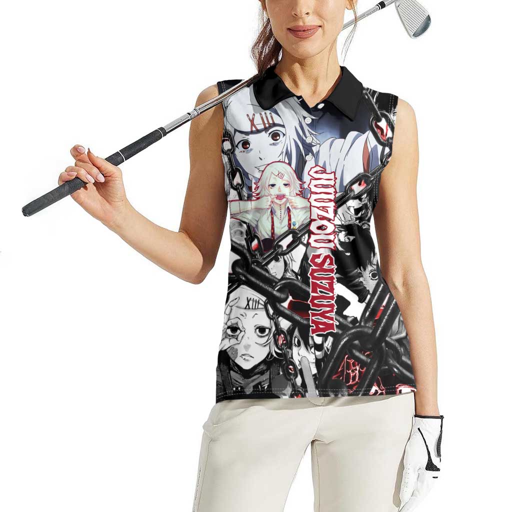 Juuzou Suzuya Tokyo Ghoul Black and White Manga Style Design Women Sleeveless Polo Shirt with Red Accents and Chain Weapon Motif - The Mazicc