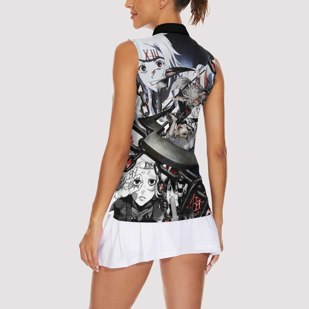 Juuzou Suzuya Tokyo Ghoul Black and White Manga Style Design Women Sleeveless Polo Shirt with Red Accents and Chain Weapon Motif - The Mazicc