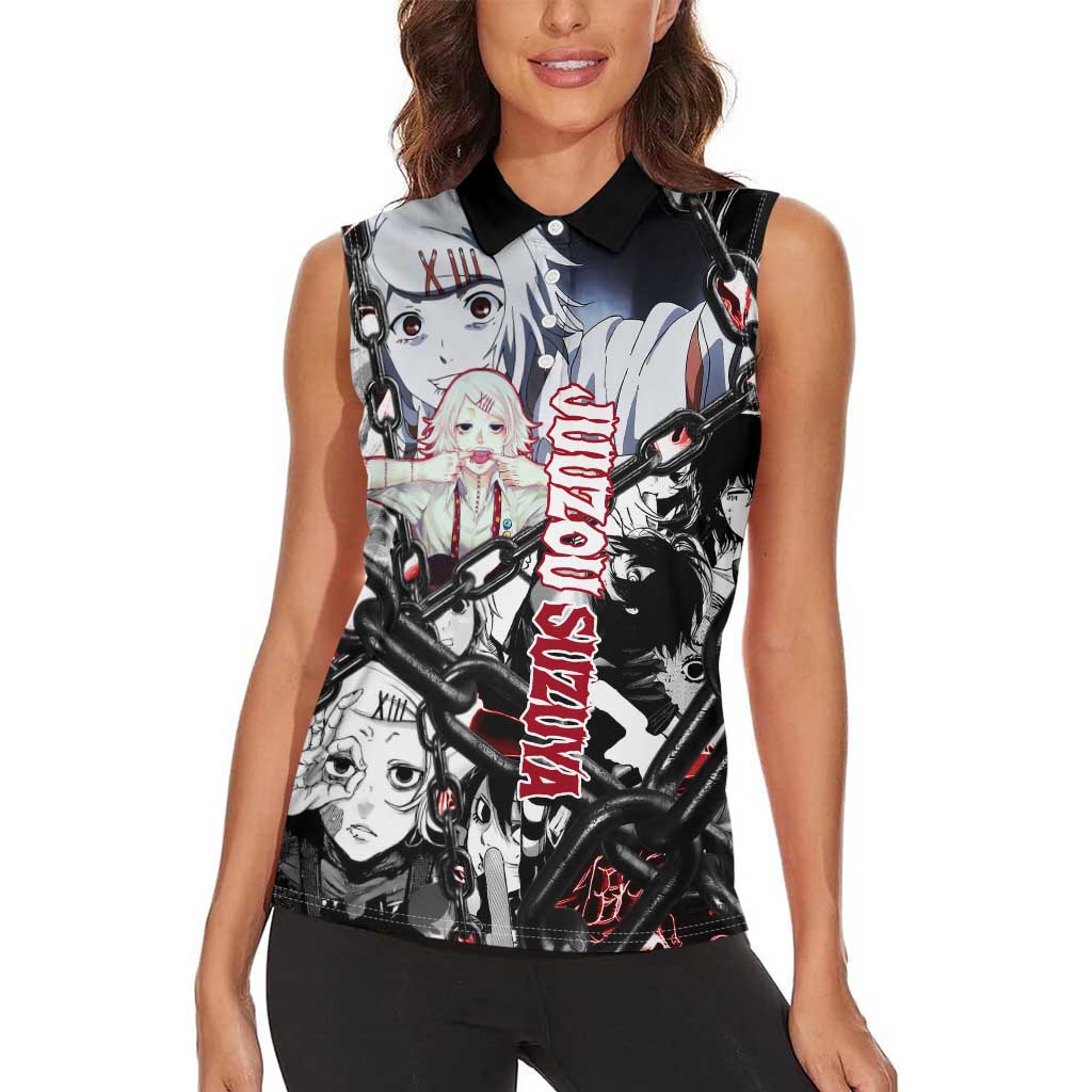 Juuzou Suzuya Tokyo Ghoul Black and White Manga Style Design Women Sleeveless Polo Shirt with Red Accents and Chain Weapon Motif - The Mazicc