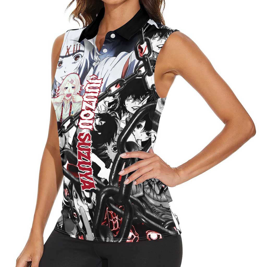 Juuzou Suzuya Tokyo Ghoul Black and White Manga Style Design Women Sleeveless Polo Shirt with Red Accents and Chain Weapon Motif - The Mazicc