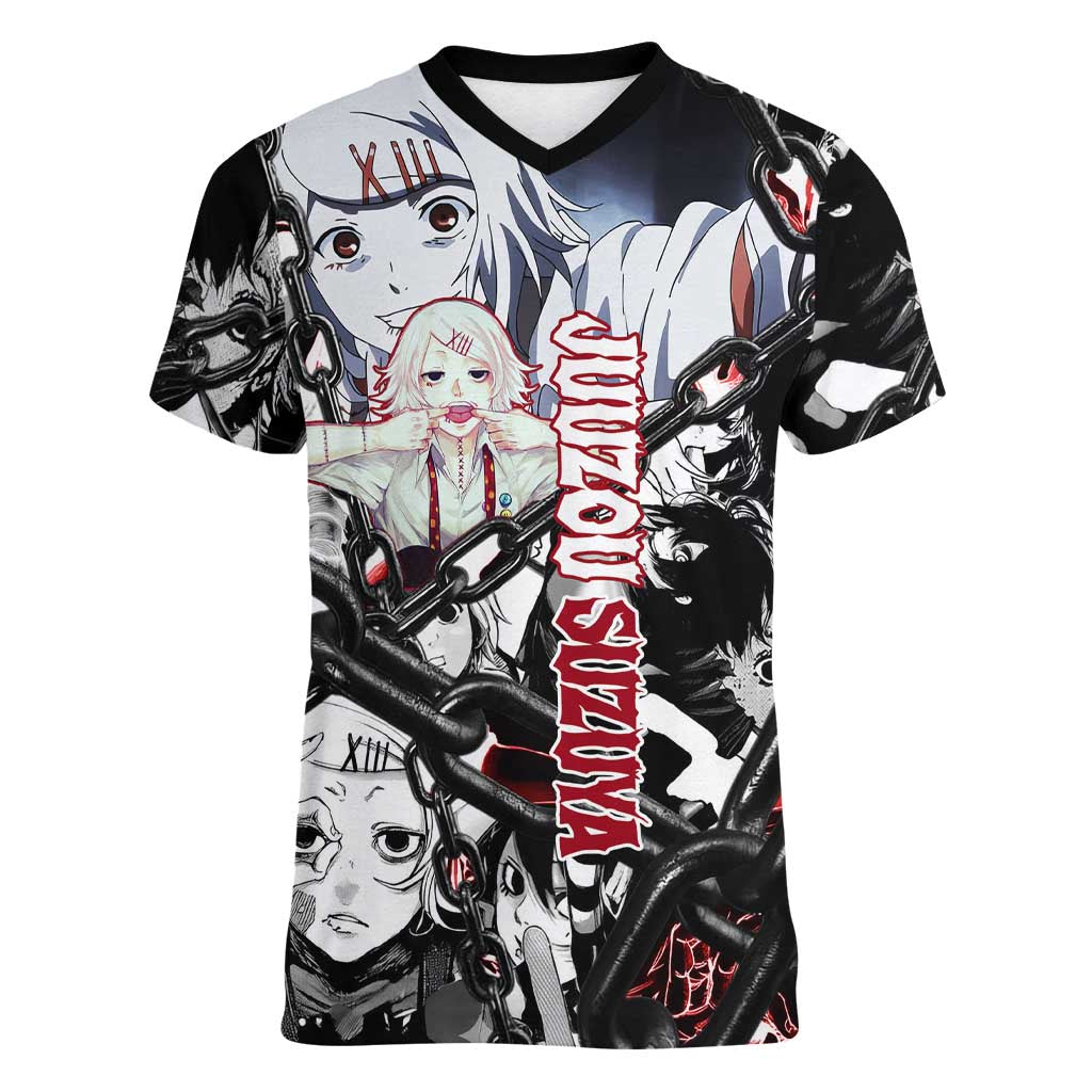Juuzou Suzuya Tokyo Ghoul Black and White Manga Style Design Women V-Neck T-Shirt with Red Accents and Chain Weapon Motif - The Mazicc