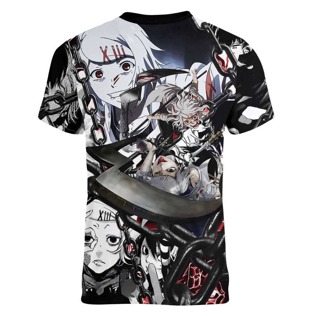 Juuzou Suzuya Tokyo Ghoul Black and White Manga Style Design Women V-Neck T-Shirt with Red Accents and Chain Weapon Motif - The Mazicc