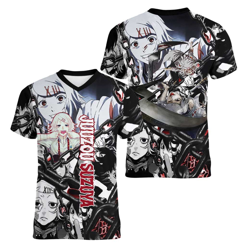Juuzou Suzuya Tokyo Ghoul Black and White Manga Style Design Women V-Neck T-Shirt with Red Accents and Chain Weapon Motif - The Mazicc