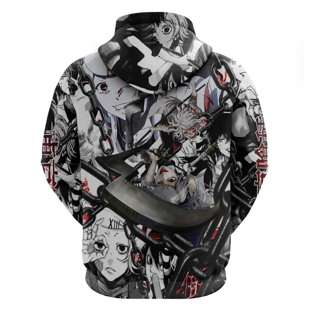 Juuzou Suzuya Tokyo Ghoul Black and White Manga Style Design Zip Hoodie with Red Accents and Chain Weapon Motif - The Mazicc