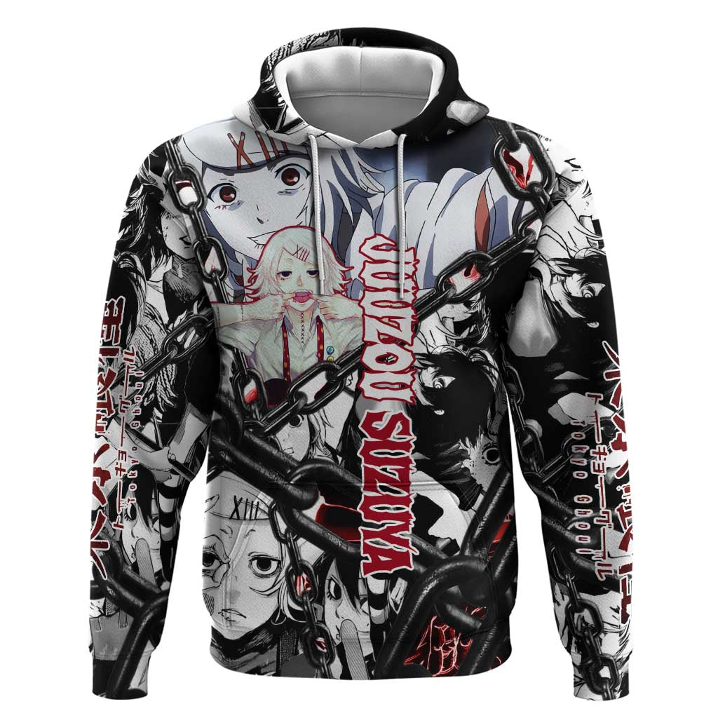 Juuzou Suzuya Tokyo Ghoul Black and White Manga Style Design Zip Hoodie with Red Accents and Chain Weapon Motif - The Mazicc